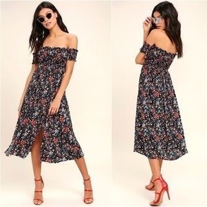 Lulu’s View from the Meadow Black Floral Print Off Shoulder Midi Dress